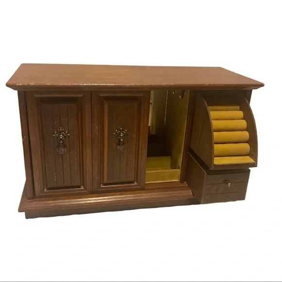 Large Vintage Wooden Double Sliding Doors Jewelry Box!